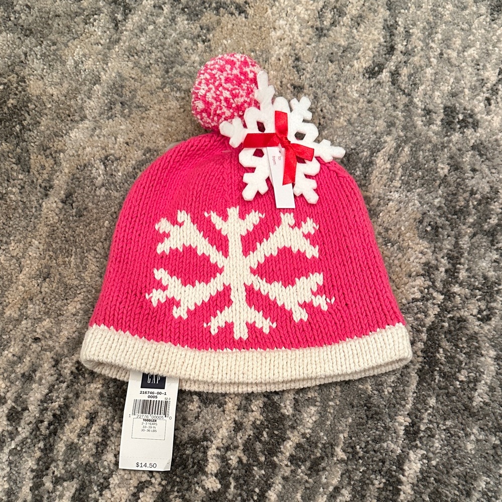 GAP Pink and White Snowflake Beanie